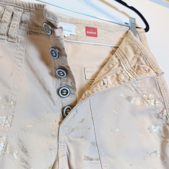 Anthropologie Wanderer Tan Metallic Gold Utility Button Fly Pocket Pants Size 30 - Picture 6 of 8